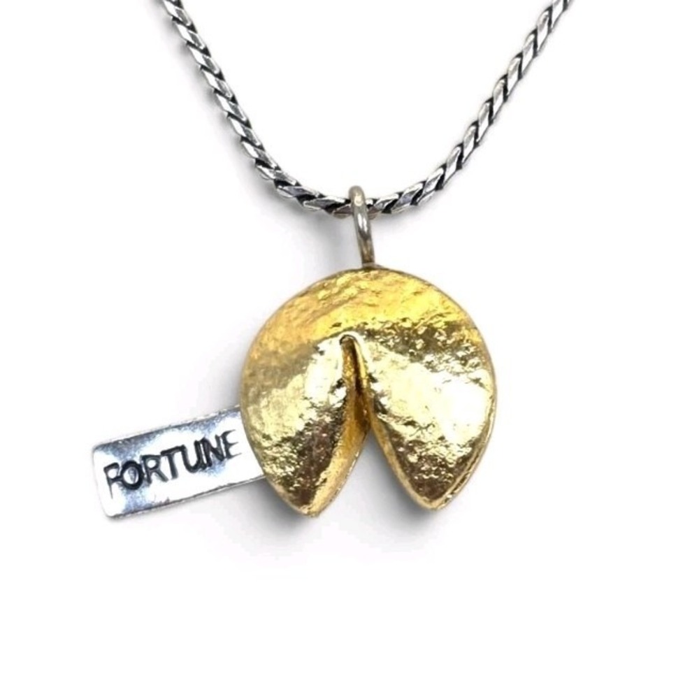 Brighton Fortune Cookie Charm Necklace Silver Gold Tone Lucky Fortune Pendant